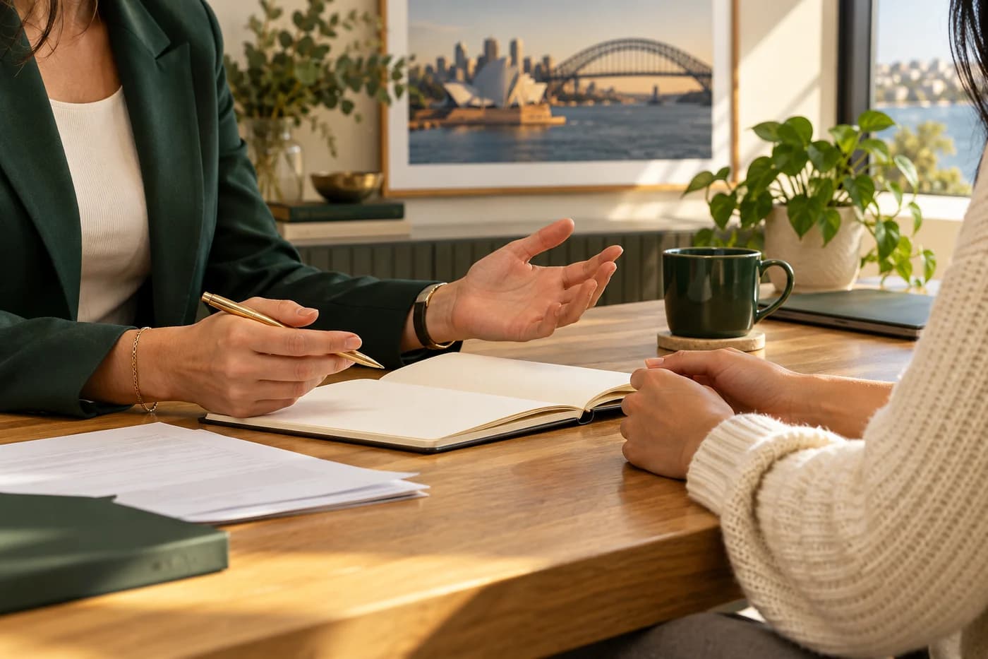 Illustrative consultation: an adviser and client discussing plans over a notebook